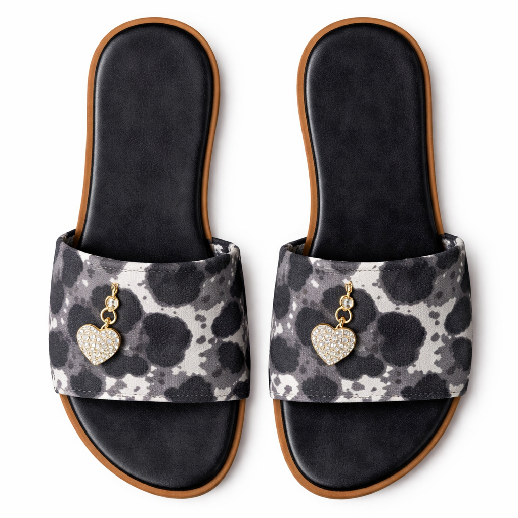 Flat Single Strap Slide Slippers with Patterned Upper
